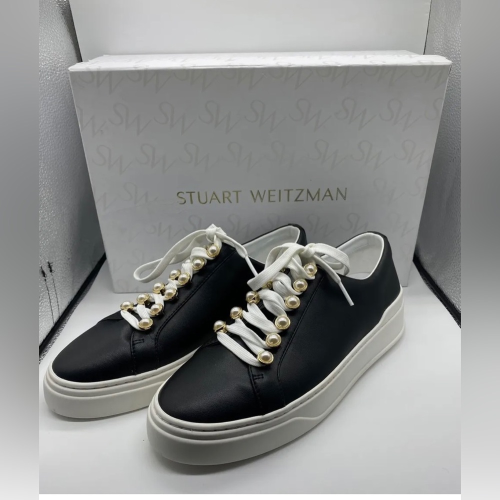 STUART WEITZMAN EXCELSA SNEAKERS Black Leather Pearls Athletic Shoe Size 8.5 NWT